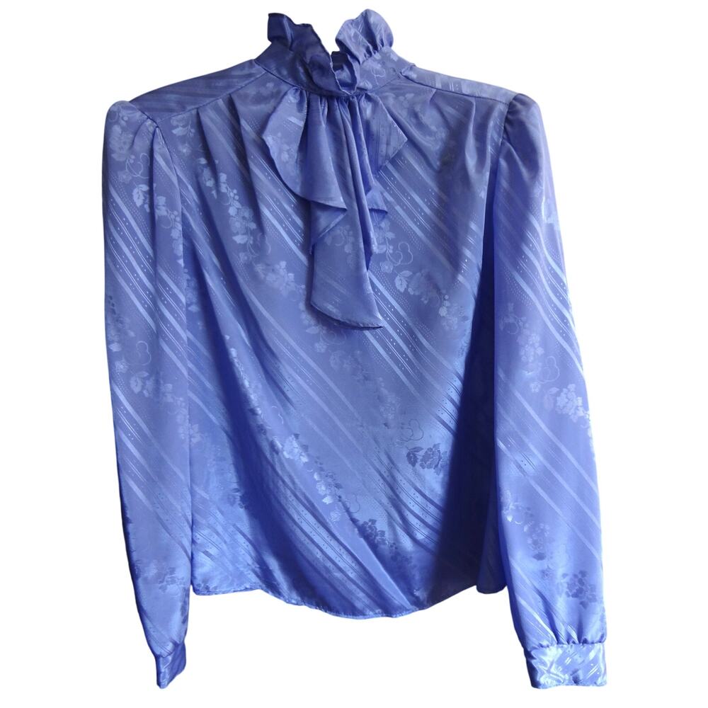 Vintage 80s Satin Pussybow Bow Tie High Neck Ruffle Blouse Lilac Purple Blue M